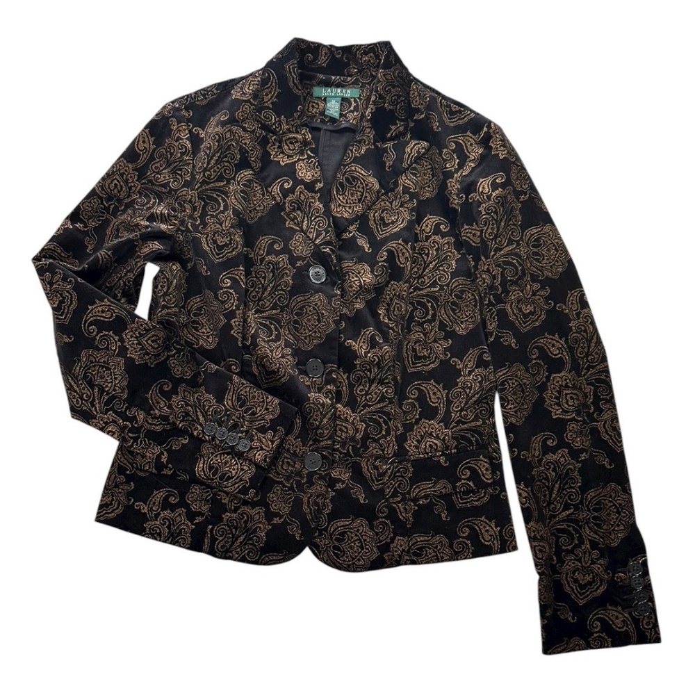 Lauren Ralph Lauren Black Gold Paisley Velvet Blazer Tailored Jacket W Sz 10 - Picture 4 of 16